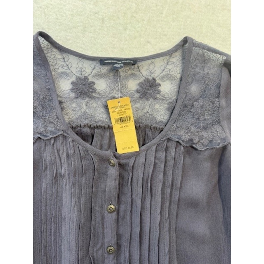 American Eagle Lace Babydoll Top XXS Blue Cottage Boho Rustic Soft Bell Sleeve - Picture 3 of 9